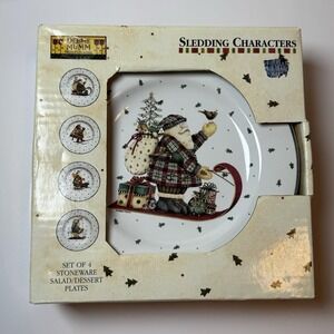 Debbie Mumm Sledding Characters Salad Plates Set of 4 Sakura Christmas NIB